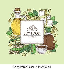 Background with different soy products: soybean oil, tofu, soy sauce, soy meat and tempe. Vector hand drawn illustration.
