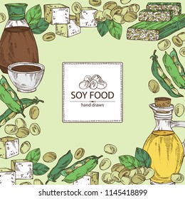Background with different soy products: soybean oil, tofu, soy sauce, soy meat and tempe. Vector hand drawn illustration.