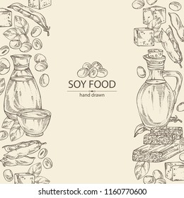 Background with different soy products: soybean oil, tofu, soy sauce, soy meat and tempe. Vector hand drawn illustration.