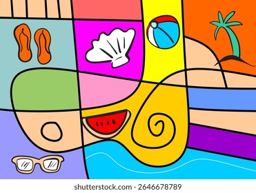 background with different summer-themed icons. 