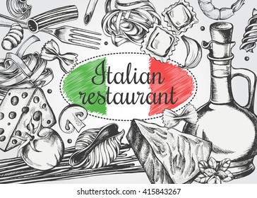 Background with different types of authentic Italian pasta and products for cooking pasta. Menu or signboard template for restaurant.  Hand drawn Vector illustration in vintage style.