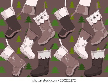 Background with different types of christmas socks above a wallpaper with fir trees