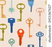 Background of different types door keys. Different types, sizes. Colored house keys background. Background, wallpaper, wrapping paper, poster template. 