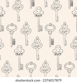 Background of different types door keys. Vintage  keys background. Hand drawn key set pattern. Home decoration illustration design