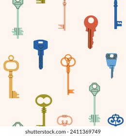 Background of different types door keys. Different types, sizes.Colored house keys background. Background, Wallpaper, wrapping paper, poster template. 