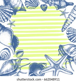 Background with different types mollusk sea shells, starfishs and pebbles. Marine Ink hand drawn elements for design. Template for cards, banners, posters. Vector illustration.