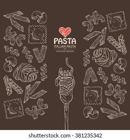 Background with different types of pasta. hand drawn
