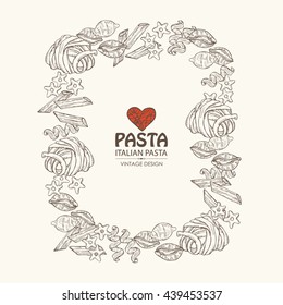 Background with different types of pasta. hand drawn