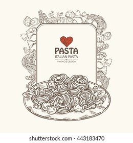 Background with different types of pasta and plate with pasta . hand drawn
