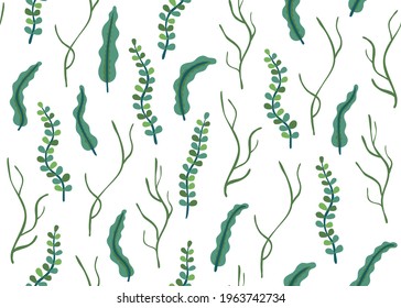 Background of different underwater sea plants and green algae. Edible seaweed and leaves pattern. Plants of the aquarium. Vector illustration