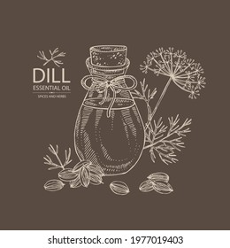 Background with dill: dill leaves, seeds and bottle of dill essential oil. Cosmetic, perfumery and medical plant. Vector hand drawn illustration.