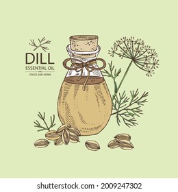 Antecedentes con la barra: hojas de eneldo, semillas y botella de aceite esencial de eneldo. Cosmética, perfumería y planta médica. Ilustración dibujada a mano por vectores.