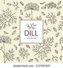 Background with dill: dill leaves and seeds. Herbs and spices. Vector hand drawn illustration.