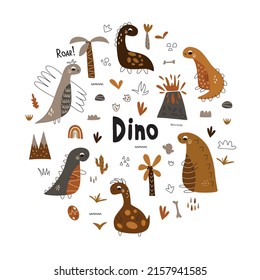 Background with dinosaurs in boho style with the inscription Dino. Colorful cute baby illustration perfect for baby room and textiles.