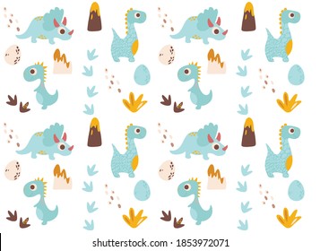 background with dinosaurs, vector illustration (dino, eggs, trees, footprints, volcano)