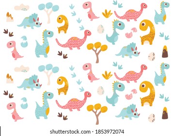 background with dinosaurs, vector illustration (dino, eggs, trees, footprints, volcano)