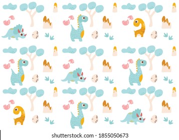 fondo con dinosaurios, ilustración vectorial (dino, huevos, árboles, huellas, volcán)