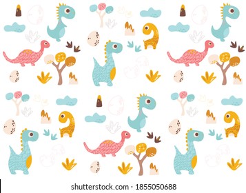 background with dinosaurs, vector illustration (dino, eggs, trees, footprints, volcano)