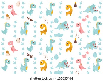 background with dinosaurs, vector illustration (dino, eggs, trees, footprints, volcano)