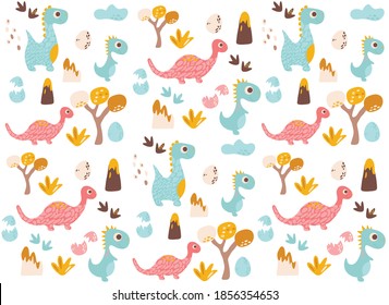 fondo con dinosaurios, ilustración vectorial (dino, huevos, árboles, huellas, volcán)