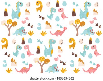 fondo con dinosaurios, ilustración vectorial (dino, huevos, árboles, huellas, volcán)