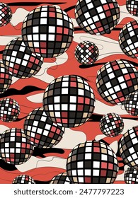 Background of disco balls of different sizes and gasoline spills in red and black colors. Dynamic and graphic design, a sense of energy and excitement with a retro touch.