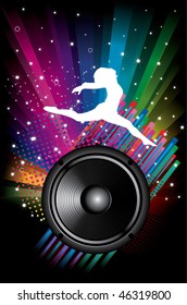 Antecedentes de volantes de disco con altavoz negro y bailarina