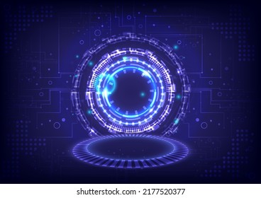 Background display showing. Portal and hologram science futuristic. Sci-fi hi-tech in glowing HUD projector. Circle teleportation podium and stage. GUI and UI virtual reality. Abstract circuit board