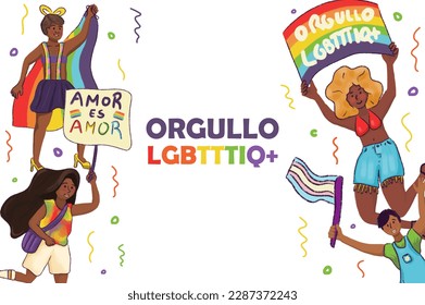 Background of diverse people celebrating "LGBTTTIQ+ Pride". in text: love is love and LGBTTTIQ+ pride.