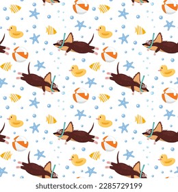 Background with a diving dog, ball, gummy duck, fish and starfish.