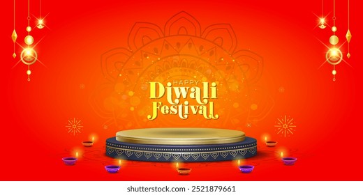 Antecedentes del festival de dhanteras Diwali con podio dorado en 3d, decoración, lámpara de aceite, chispa y fuegos artificiales.