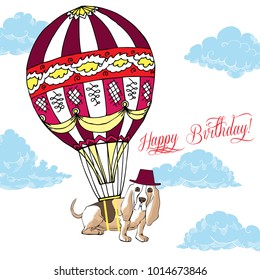 Background with dog and air balloon. Hand drawnbasset hound sketch with clouds. Vector Illustration