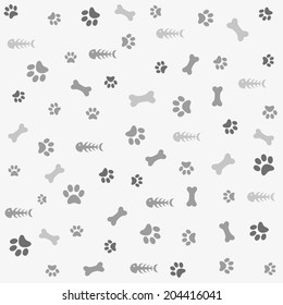 Background with dog and cat paw print, bone, fish bone