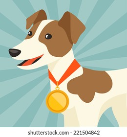 Background with dog champion winning gold medal.