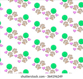 Background with dog paw, ball and hearts