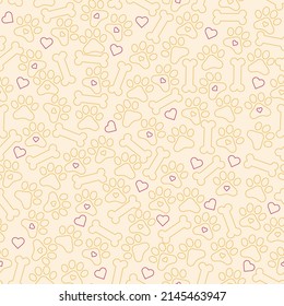Fondo con patas de perro, huellas, huesos y corazones, patrón sin fisuras vectoriales, huella extensible de vector de contorno, papel envolvente