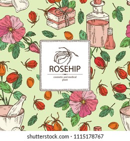 Background with dog rose: branch of rose hip, dog rose berries, rosehip flowers and leaves. Dog rose. Oil, soap and bath salt . Cosmetics and medical plant. Vector hand drawn illustration