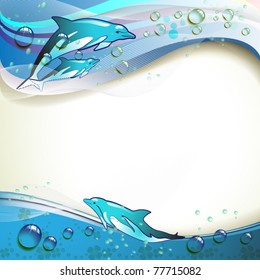Background with dolphins  and drops of water