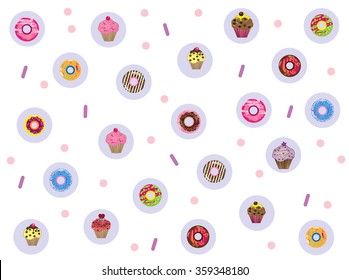 Background with donuts, macaroons and muffin cupcakes