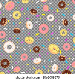 Background with donuts with pink, yellow, white and chocolate glaze. Vector illustration.