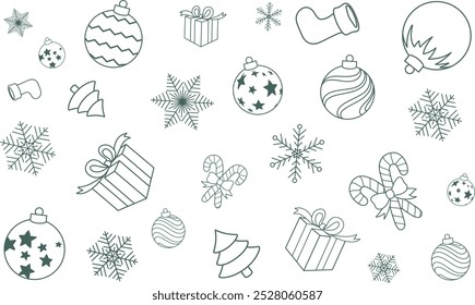 Vector de decoración de Navidad Doodle de fondo. Ilustración de estilo de arte de línea de chuchería de Navidad