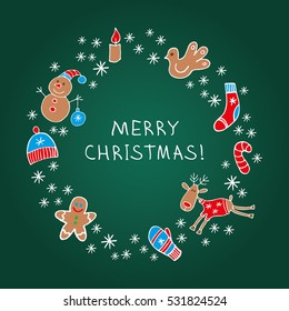Background with doodle Christmas and New Year elements. Print. Repeating background. Cloth design, wallpaper.