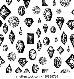 Background with doodle diamonds. Seamless pattern. Repeatable motif with hand drawn gems and crystals in black and white. Diamond cutting samples. Abstract gems. Vector illustration.