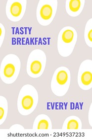 Background with doodle eggs. Funny style signboard, banner, cover, poster, brochure with fried, boiled, raw chicken, quail eggs. Modern template for restaurant, cafe, morning meal, breakfast