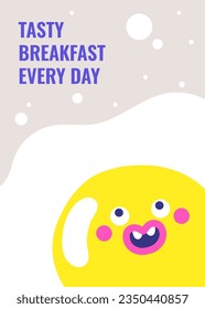 Fondo con huevos de doodle. Cartel, pancarta, cubierta, afiche, folleto con patatas fritas, hervidas, pollo crudo, huevos de codorniz. Plantilla moderna para restaurante, café, comida por la mañana, desayuno