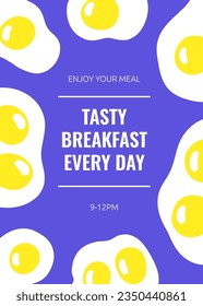 Background with doodle eggs. Funny style signboard, banner, cover, poster, brochure with fried, boiled, raw chicken, quail eggs. Modern template for restaurant, cafe, morning meal, breakfast