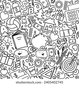 Background of doodle elements for hobby and profession and healthy lifestyle on white background. School creativity, passion for sports, finance, sign music, food, communication and friendship convers