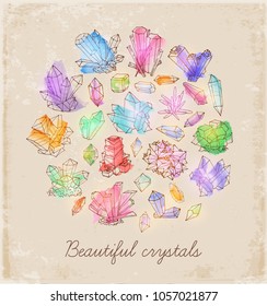 Background with doodle sketch crystals. Collection of colored minerals on vintage background