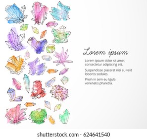 Background with doodle sketch crystals. Collection of colored minerals on white background