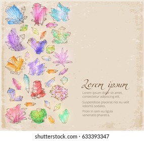 Background with doodle sketch crystals. Collection of colored minerals on vintage background
